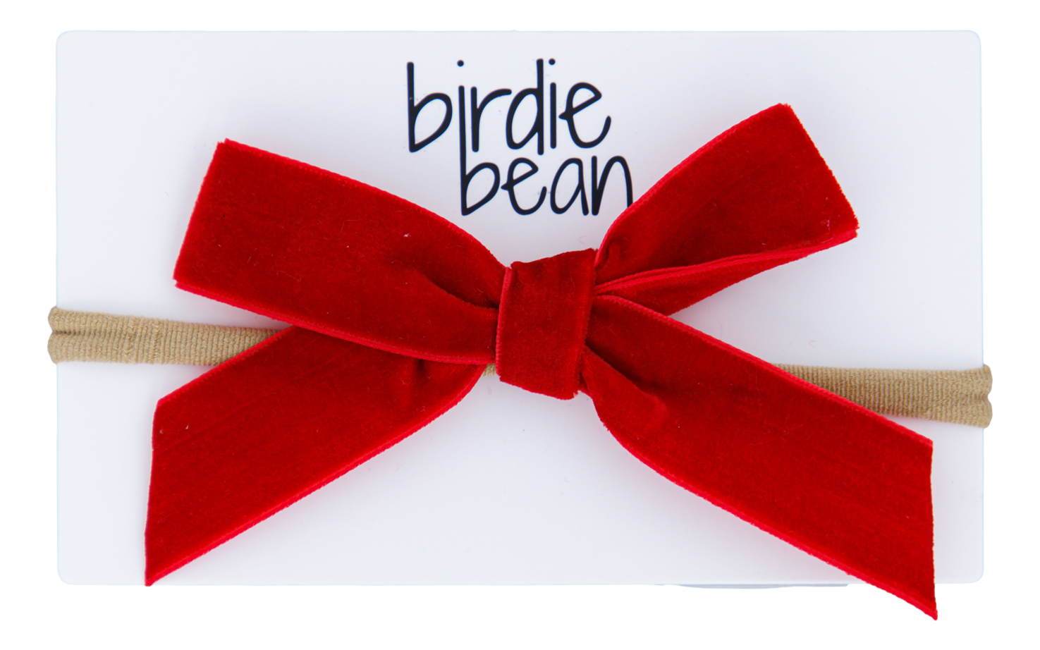 Red velvet bow hair accessory on a white background with 'birdie bean' branding.